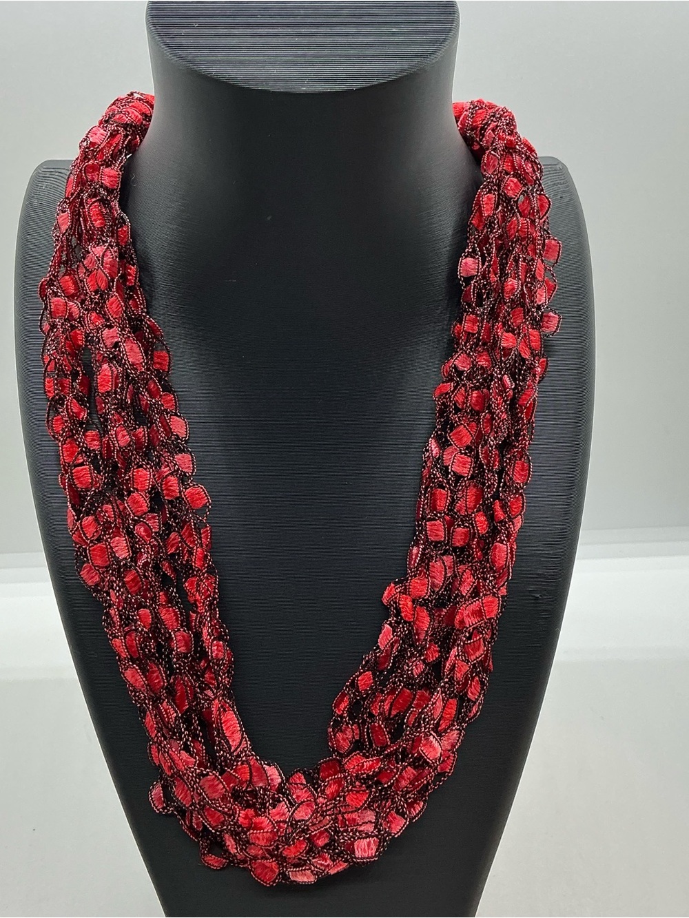 NWT Handmade Nylon Red Ribbon Tangle Free Adjustable Length Necklace